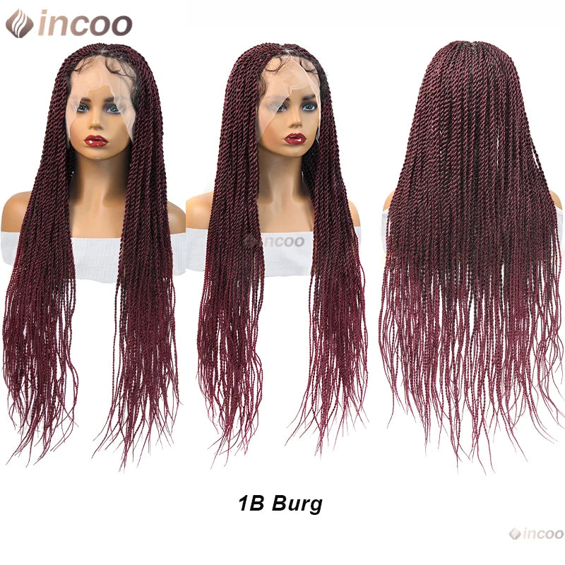 Eine lange, dunkelburgندية 1B Burg African Twist Zopfperücke auf einem Mannequin-Kopf.