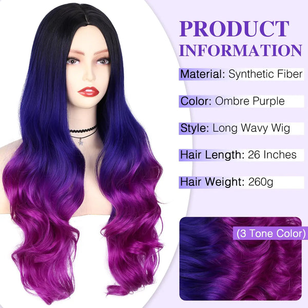 Langes, gewelltes lila Ombré-Pony, präsentiert auf einem Mannequin, zeigt die lebendige Farbe und Textur.