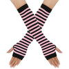 Elegant knitted fingerless gloves with black and pink stripes crossed on a hand