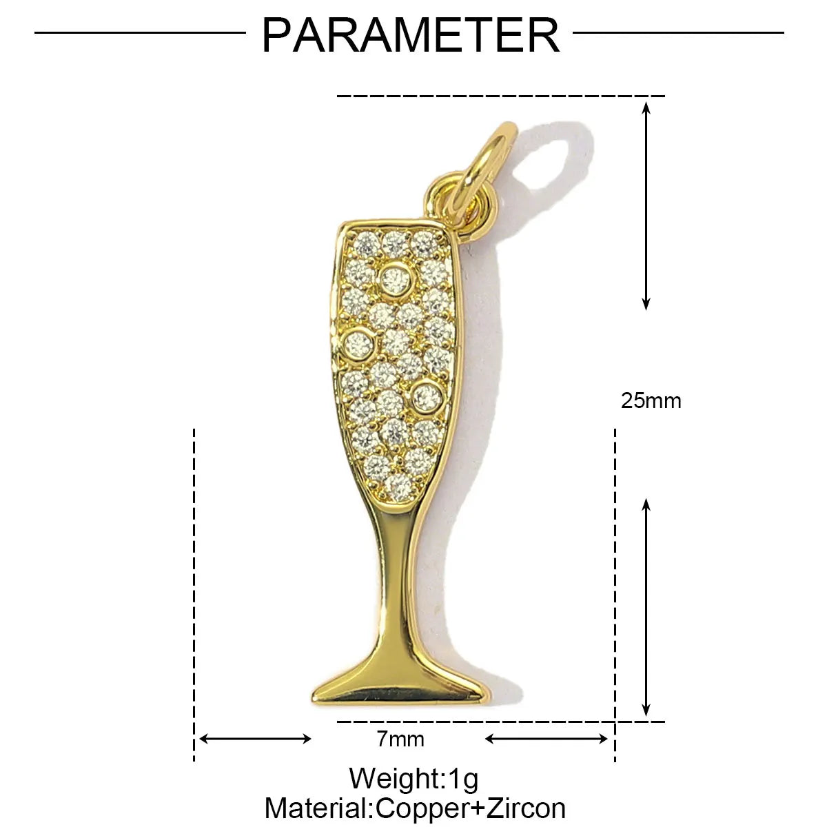 Charm en verre doré aux pierres claires, fabriqué en cuivre et zircon.