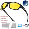A pair of yellow-lensed sunglasses with black frames and a night vision feature, shown next to accessories.