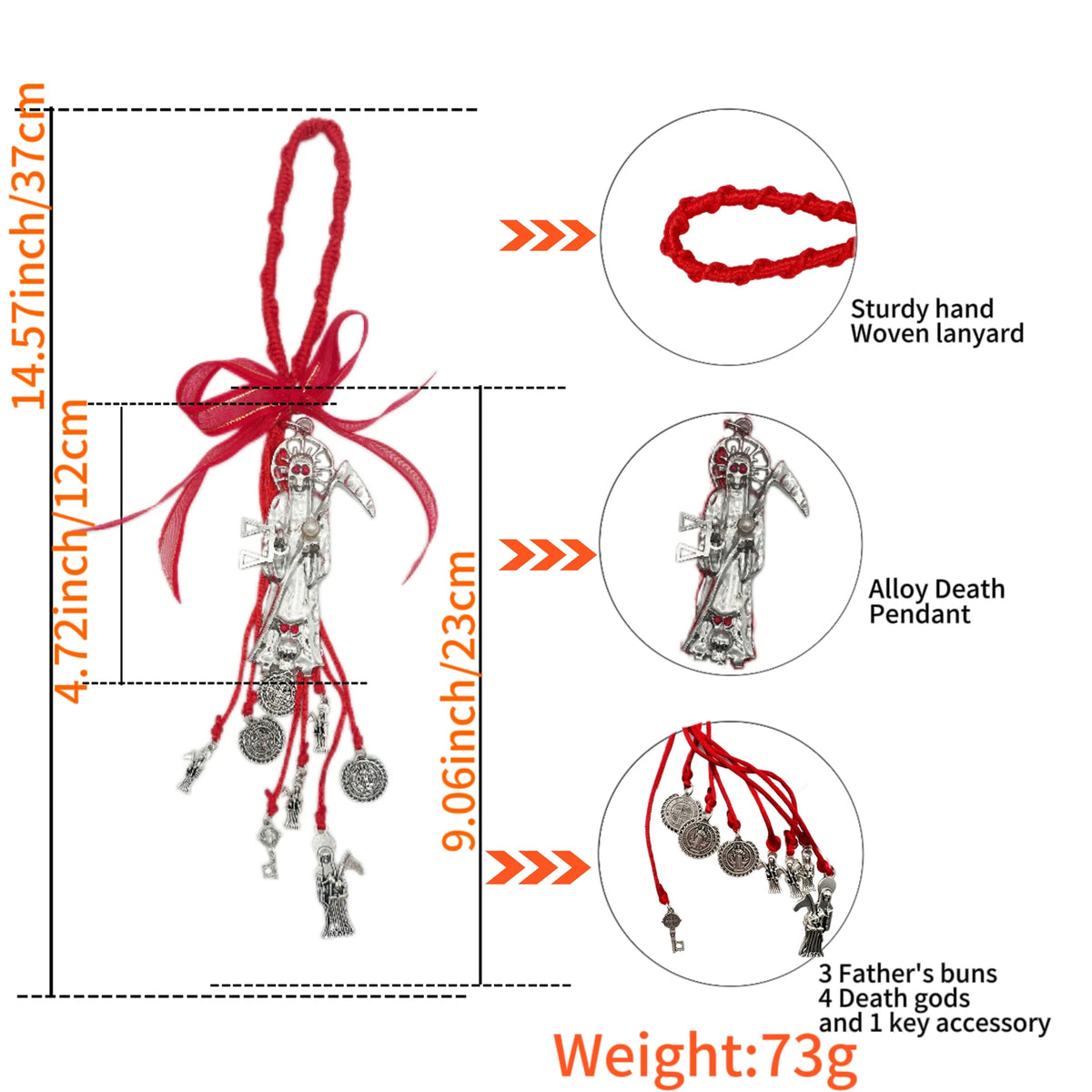 A detailed diagram showing the dimensions and components of a wooden cross pendant set including a lanyard, pendant, and acce