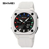A white digital sports watch with a black face and blue accents displaying a countdown timer.