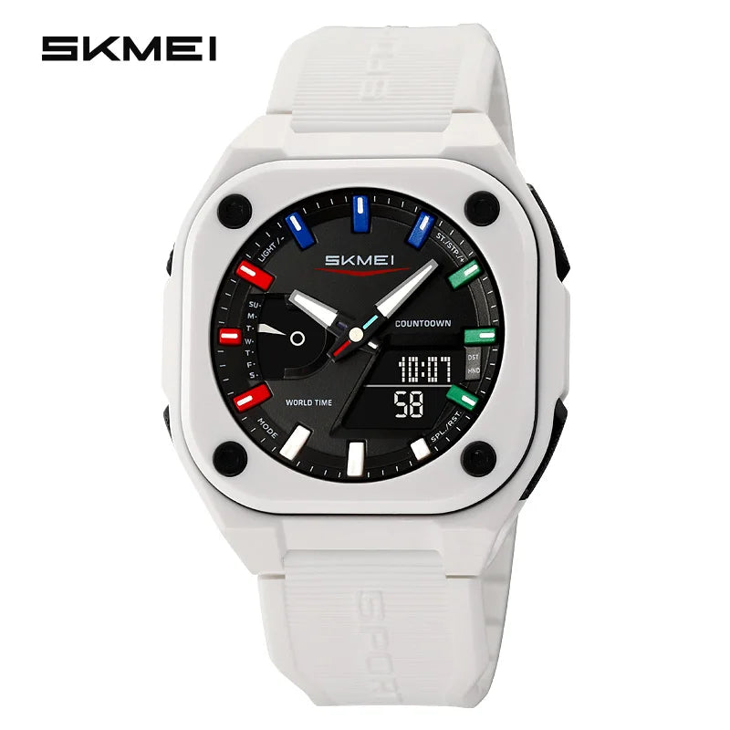 A white digital sports watch with a black face and blue accents displaying a countdown timer.
