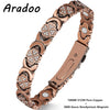 A close-up view of a rose gold pure copper magnetic crystal bracelet with intricate patterns and neodymium magnets