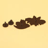 A set of dark brown enamel lapel pins shaped like bats and a bat silhouette on a light background.