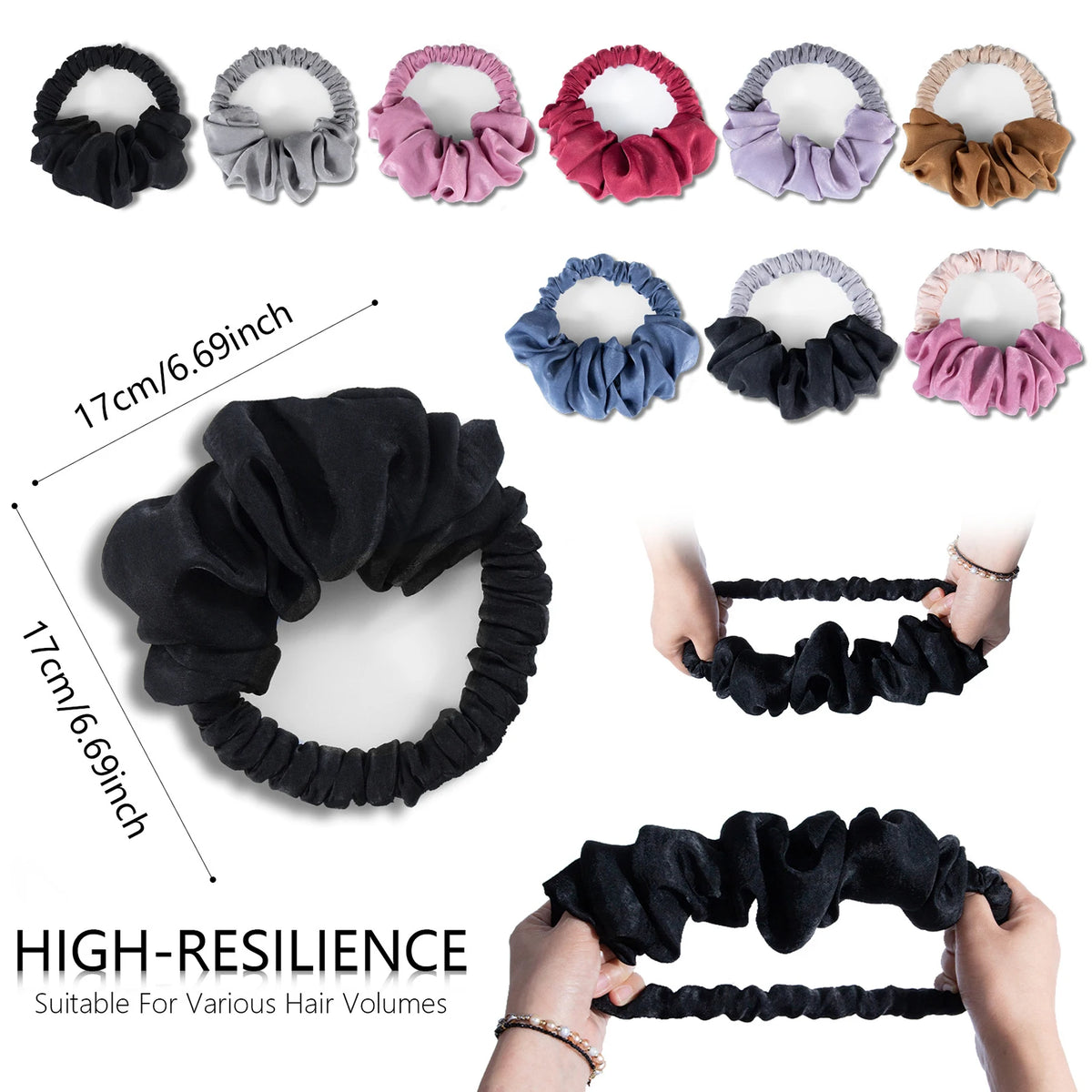 A collection of heatless hair curling scrunchies in various colors and textures, including black, gray, pink, and purple.