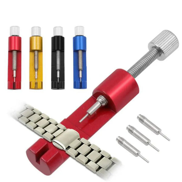 A precision metal watch strap adjuster tool with various sized adjustment pins and a red handle.