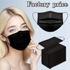 A black disposable protective face mask is shown on a model and packaged in a box.
