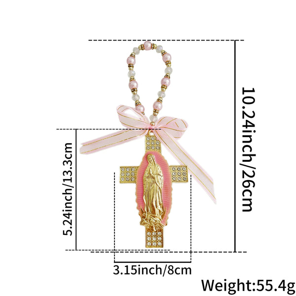 A pink and gold Catholic charm featuring a cross with a figure of the Virgin Mary and a pink ribbon.