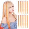A woman shows long, straight blonde hair extensions with vibrant orange tips.