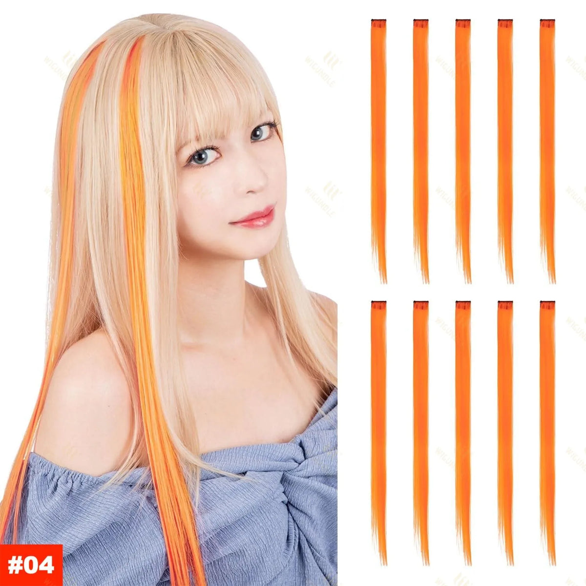 A woman shows long, straight blonde hair extensions with vibrant orange tips.