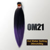 A bundle of dark purple pre-stretched Kanekalon braiding hair extensions labeled OM21 with a hot water setting instruction.
