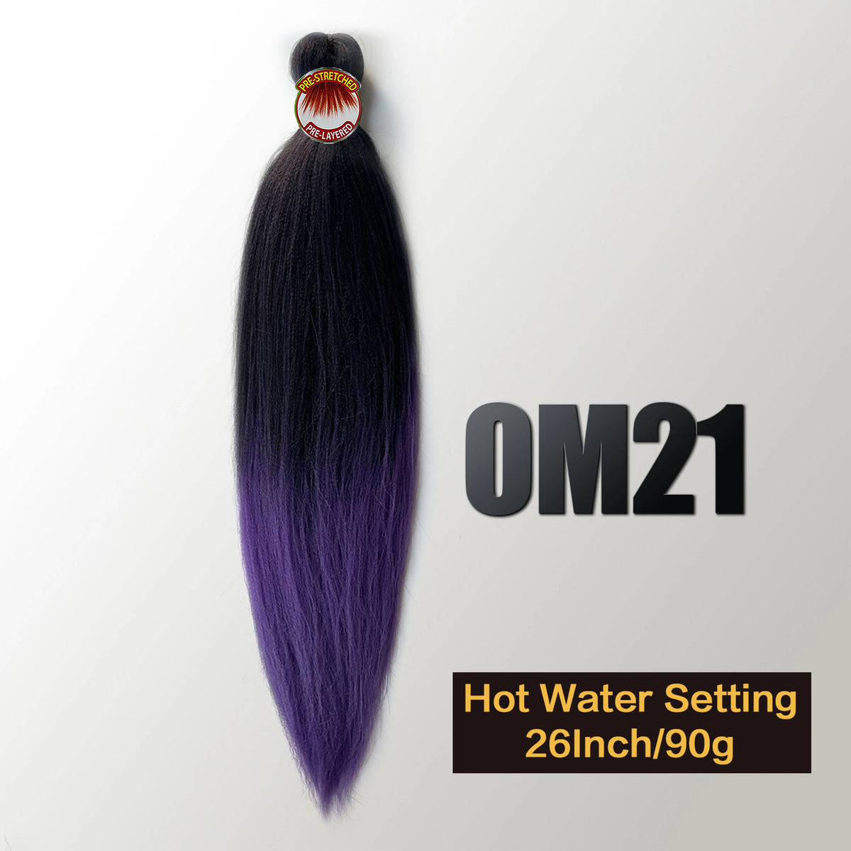 A bundle of dark purple pre-stretched Kanekalon braiding hair extensions labeled OM21 with a hot water setting instruction.