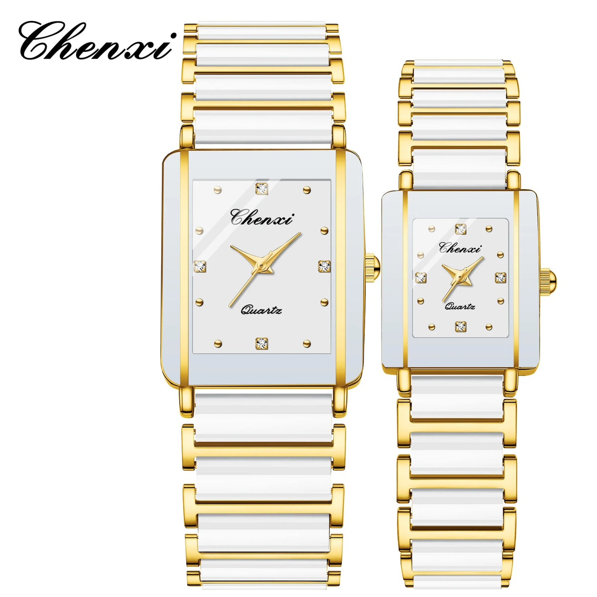 A pair of gold-toned and white ceramic fashion wristwatches with gold accents and silver-toned bands.