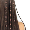 Close-up of dark brown hair braided with elegant rose gold hollow rings