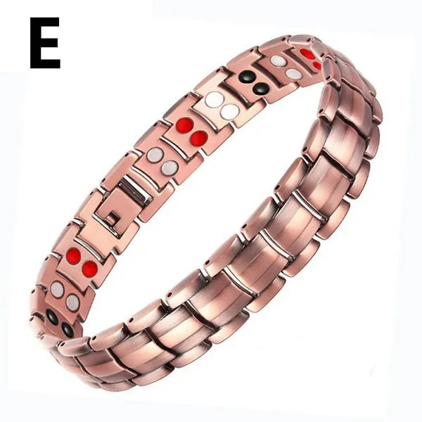 A close-up view of a rose gold copper magnetic therapy bracelet with small round accents.