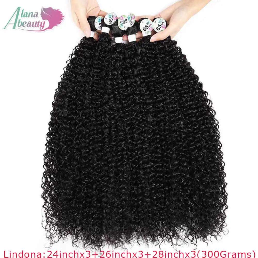 A bundle of long black curly hair extensions being held by a person.
