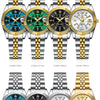 A collection of stainless steel quartz ladies wristwatches in various colors including blue, green, black, white, and gold.