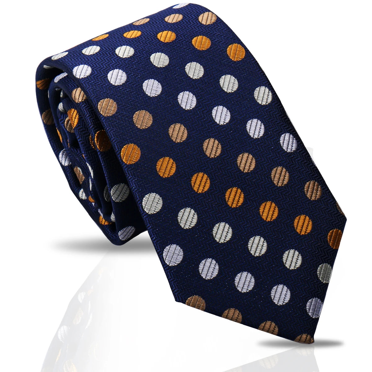 Navy silk necktie with a pattern of gold and white polka dots.