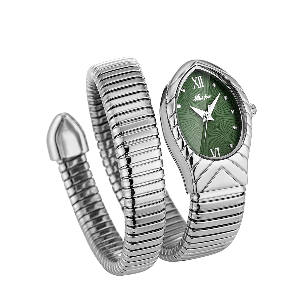 A silver quartz watch with a snake design on the strap and a green face is shown against a white background.