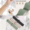 Close-up of a soft, breathable, olive green nylon watch band for a Garmin device, shown on a wrist and in various colors.