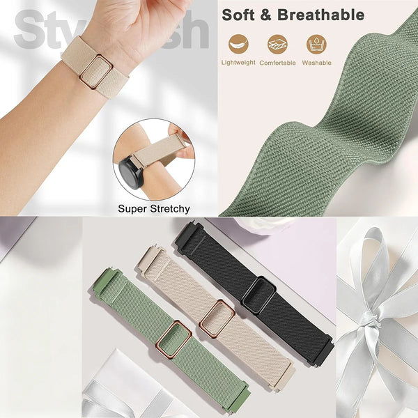 Close-up of a soft, breathable, olive green nylon watch band for a Garmin device, shown on a wrist and in various colors.