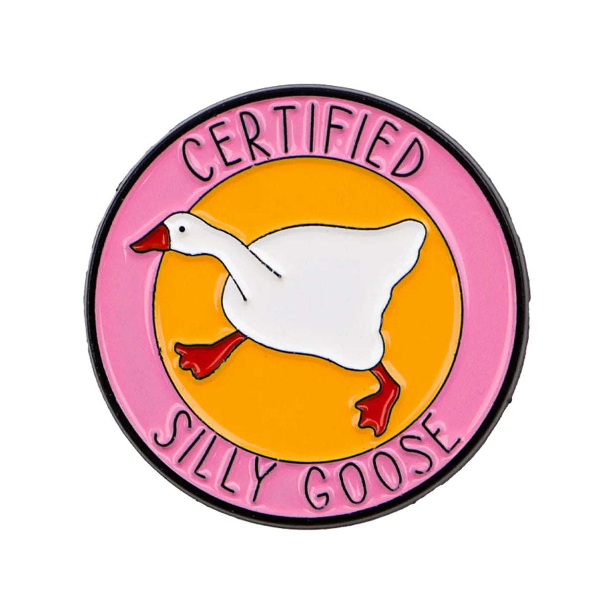 Pink enamel pin featuring a white goose silhouette and the text Certified Silly Goose