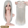 A model shows long straight hair with bangs, and a separate image displays a hair topper with a lace front for volume and cov