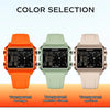 Three digital wristwatches in transparent orange, matcha green, and apricot colors displayed side by side.