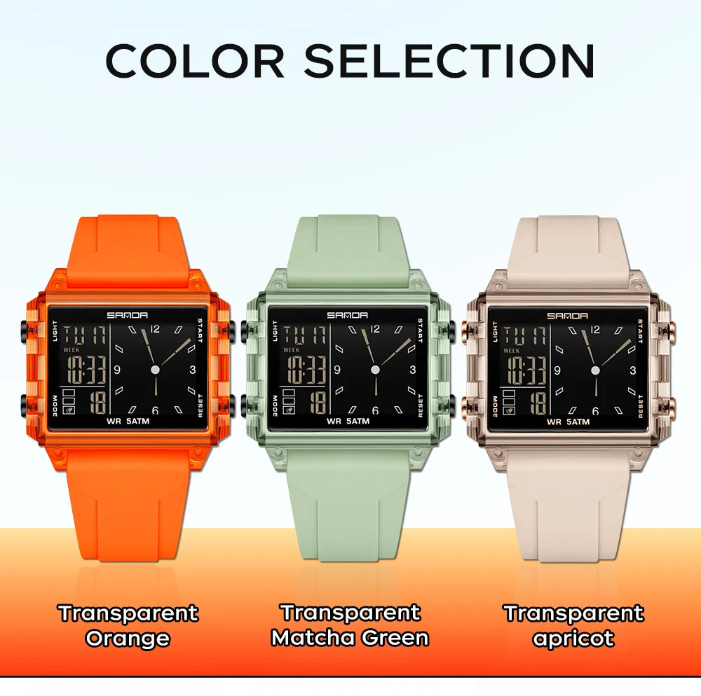 Three digital wristwatches in transparent orange, matcha green, and apricot colors displayed side by side.