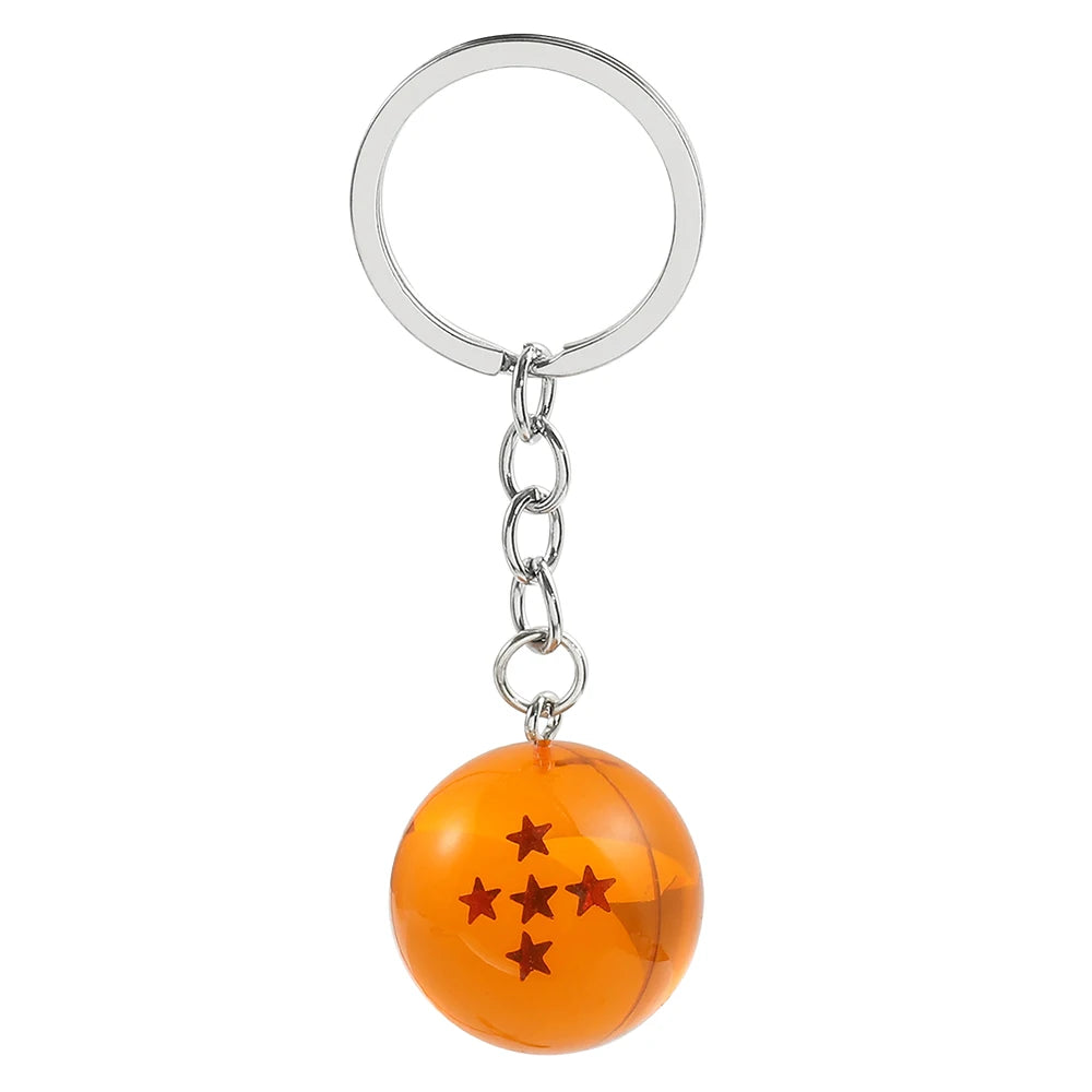 Silver keychain with a circular ring attached to a small, orange, spherical charm featuring five stars.