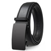 A black genuine leather buckle belt for men shown from the side.
