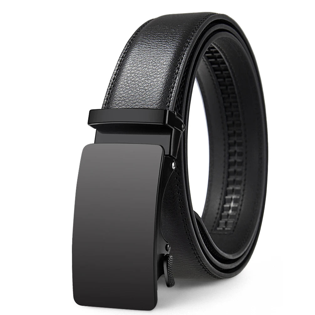 A black genuine leather buckle belt for men shown from the side.