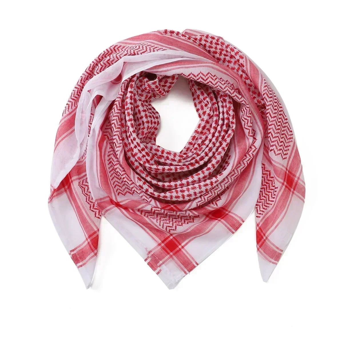 Pañuelo shemagh a cuadros rojo y blanco envuelto alrededor del cuello.