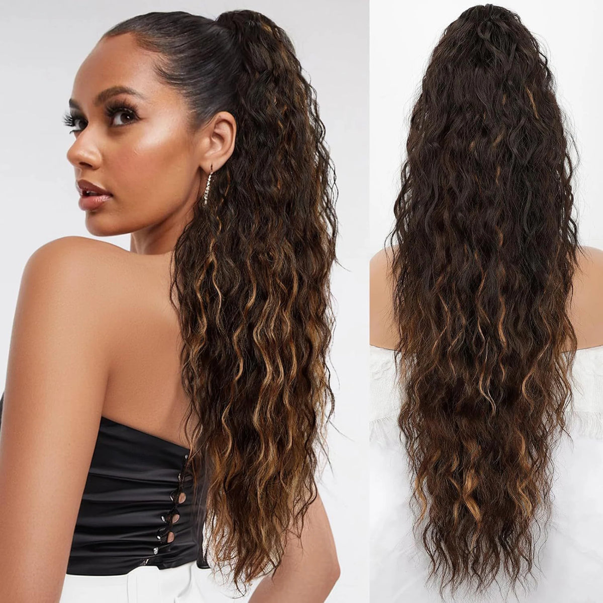 Une femme montre de longues extensions de cheveux bruns volumineuses, coiffées en vagues lâches.
