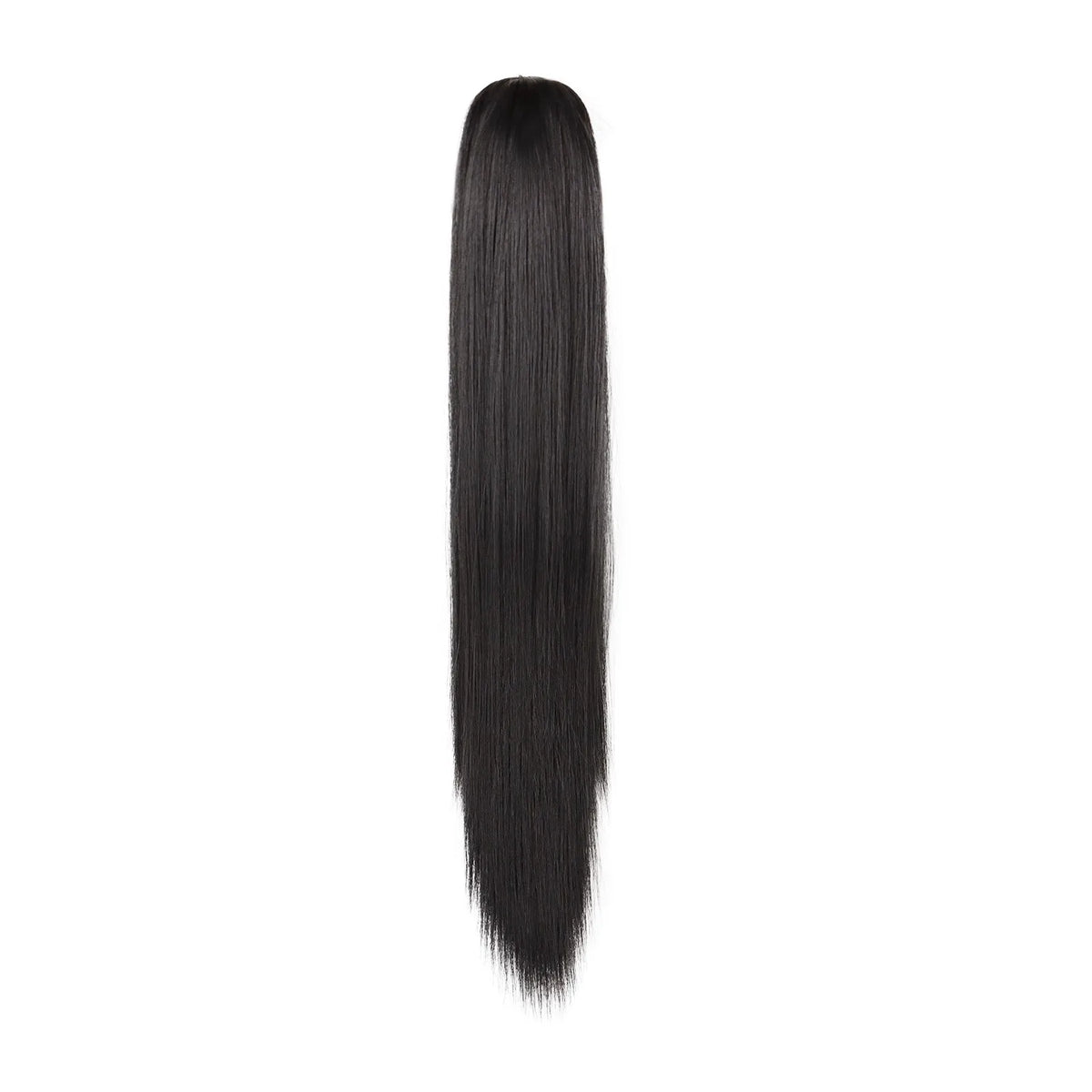 A straight, black hair extension is shown, suitable for use in a ponytail.