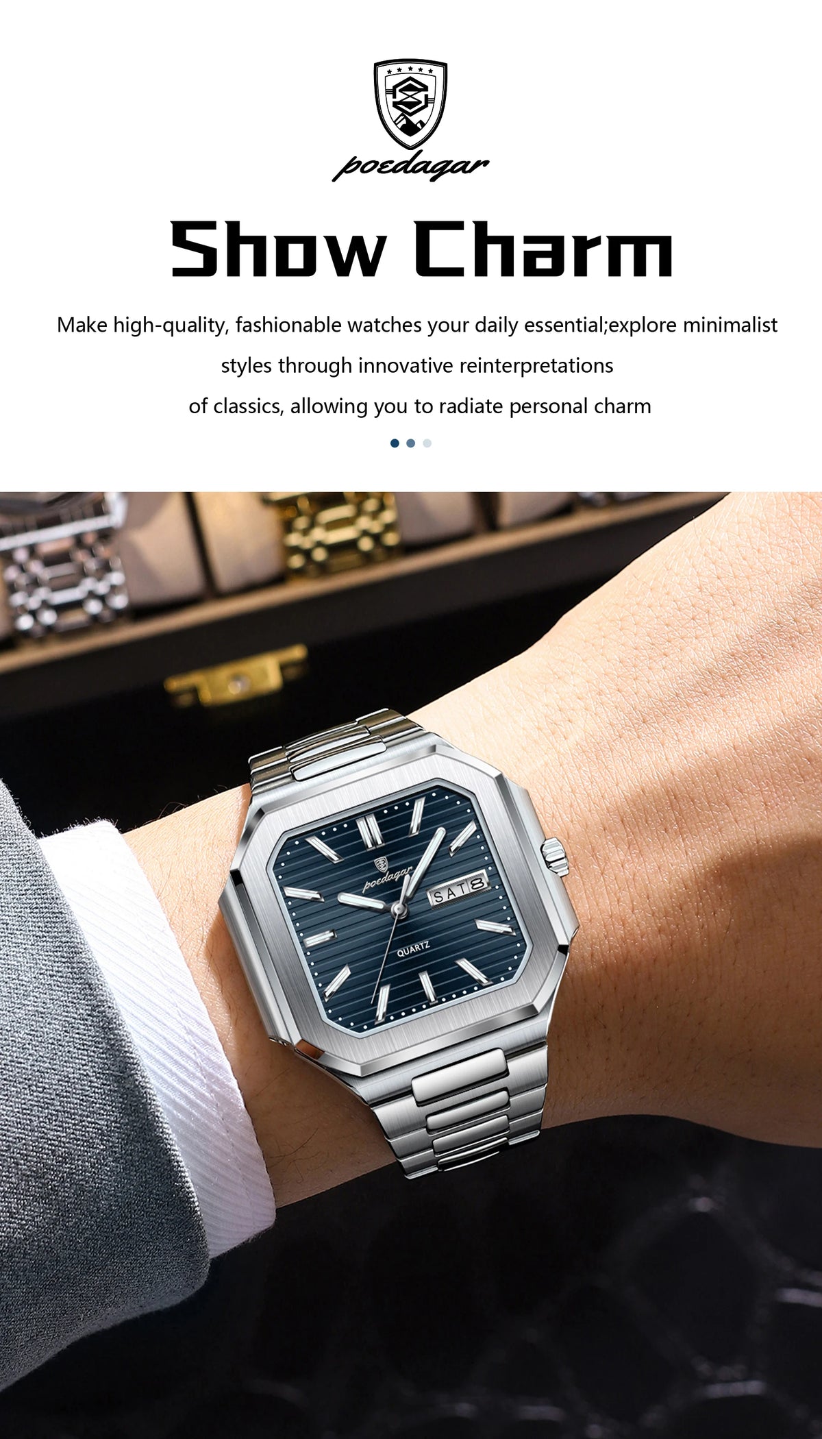A close-up of a stainless steel quartz watch worn on a wrist, featuring a dark dial and silver bracelet.