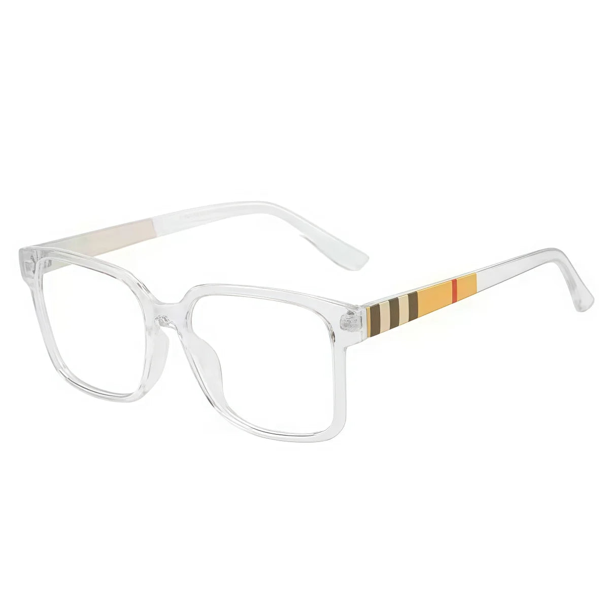 Lunettes à monture en acétate clair avec détails rayés tortois et or