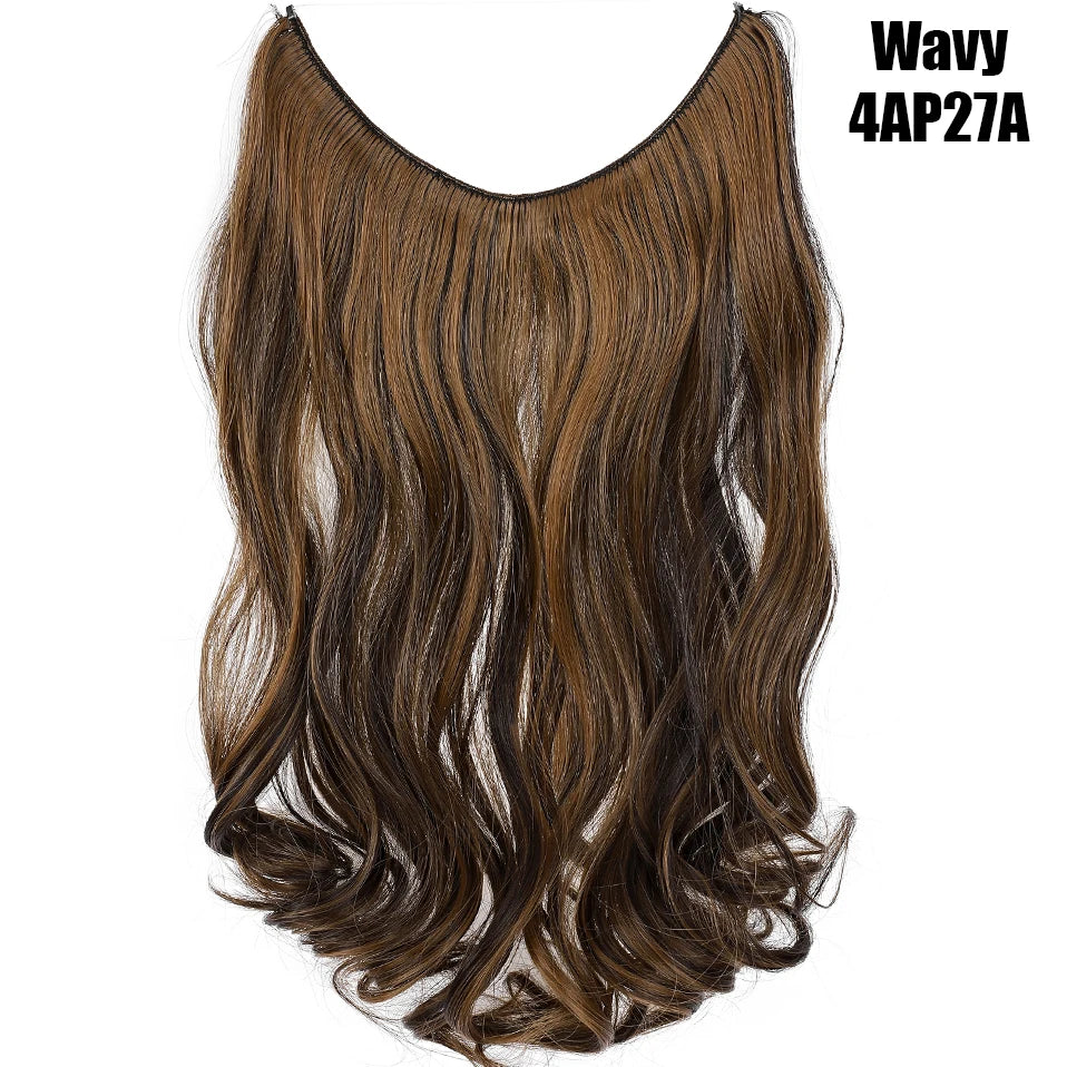 A bundle of wavy brown hair extensions, 20-inch synthetic invisible wire hair extensions.