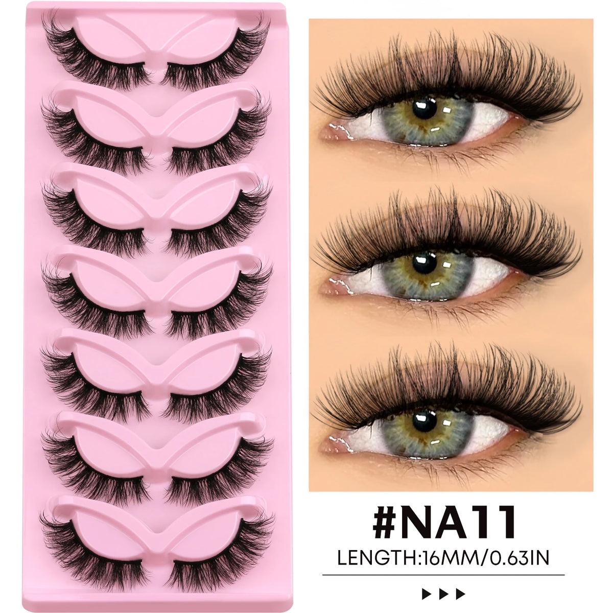 A pink plastic tray holding various styles of black faux mink cat eye eyelashes for eyes.