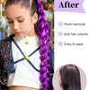 Before and after comparison showing a purple braided hair ponytail with tinsel extensions