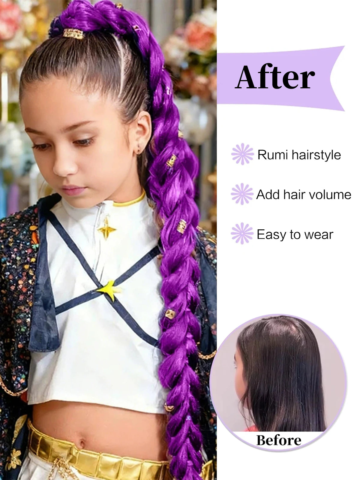Before and after comparison showing a purple braided hair ponytail with tinsel extensions