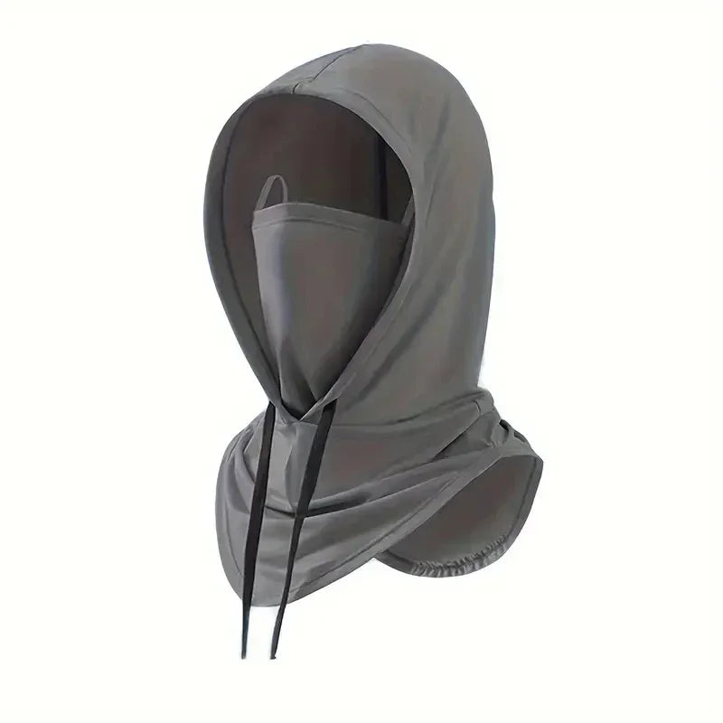 A gray lightweight sun protection hood with a drawstring closure.