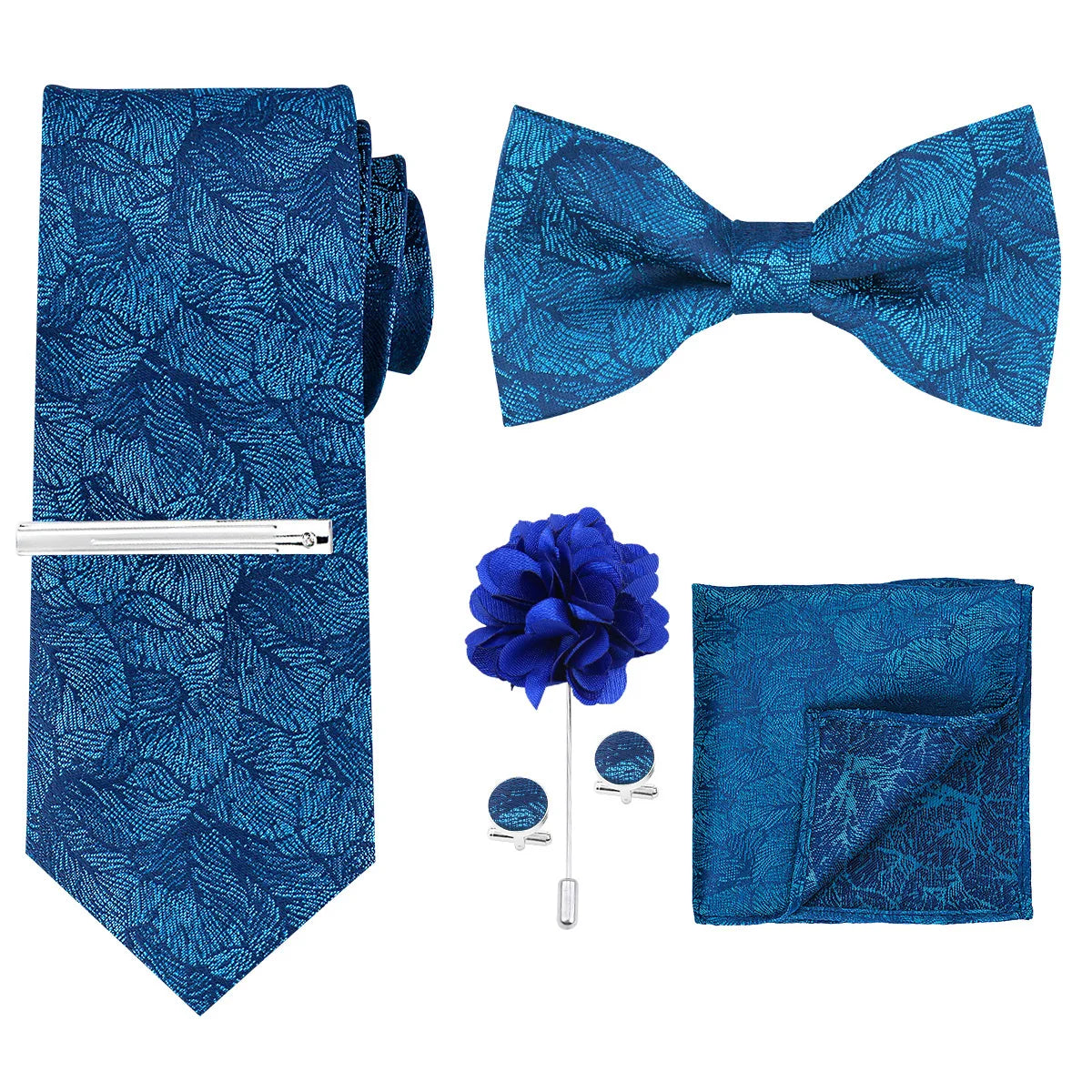 A set of men's formal tie and accessory featuring a blue patterned tie, bow tie, and pocket square.
