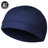 Navy blue moisture-wicking cycling beanie cap shown from above