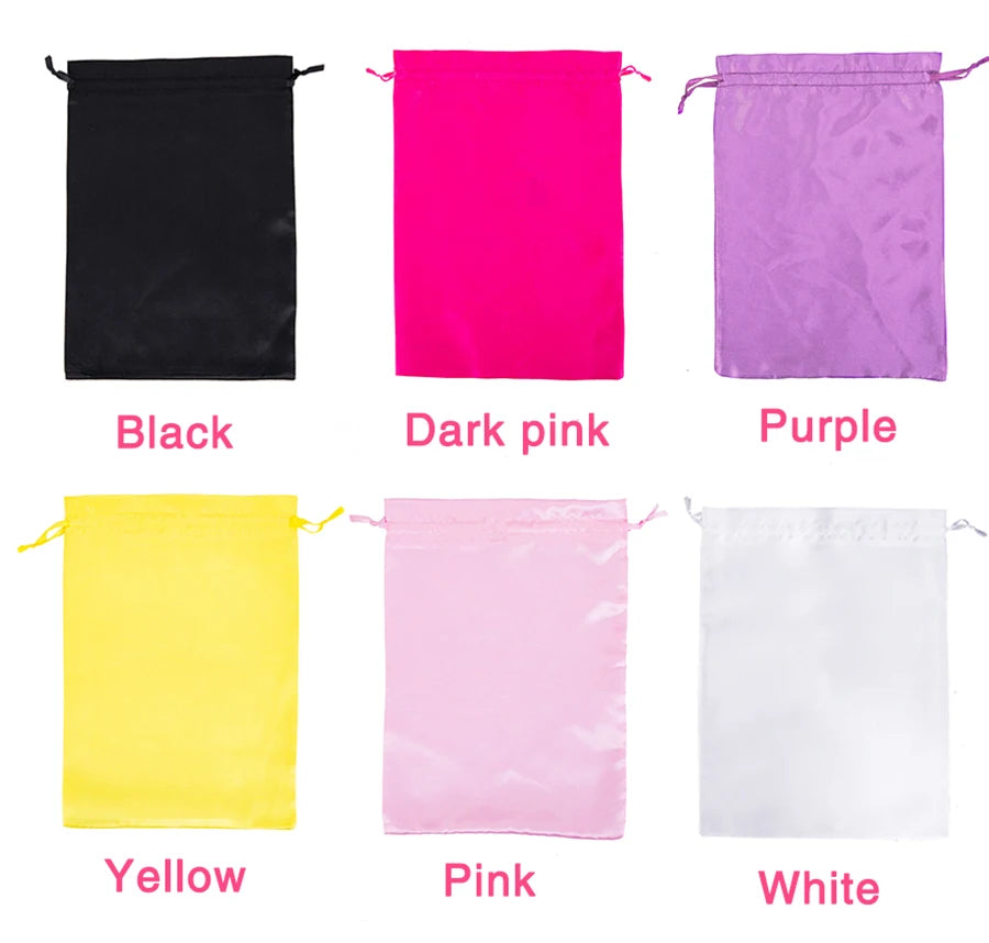 A set of satin wig storage bags in black, dark pink, purple, yellow, pink, and white.