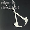 Stainless steel pendant necklace shaped like a dagger or blade with a silver chain.