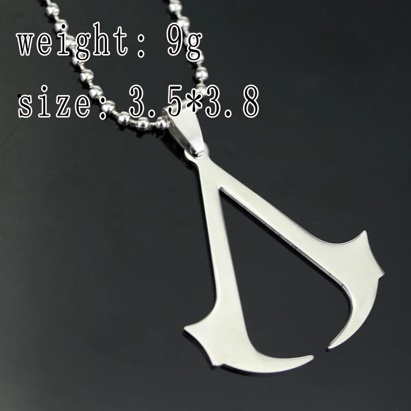 Stainless steel pendant necklace shaped like a dagger or blade with a silver chain.
