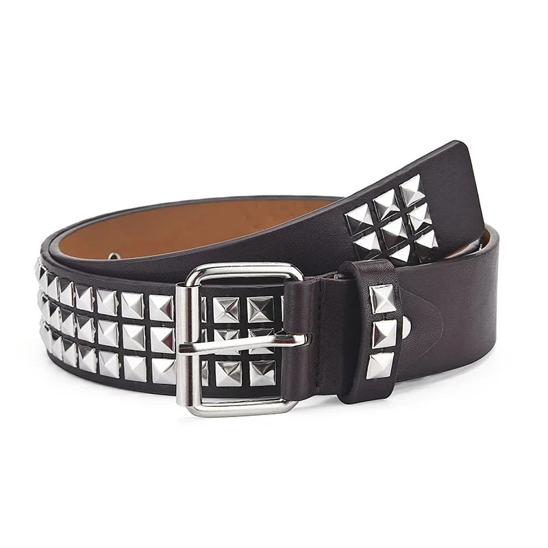 A black leather belt featuring silver square bead rivet pyramid detailing.